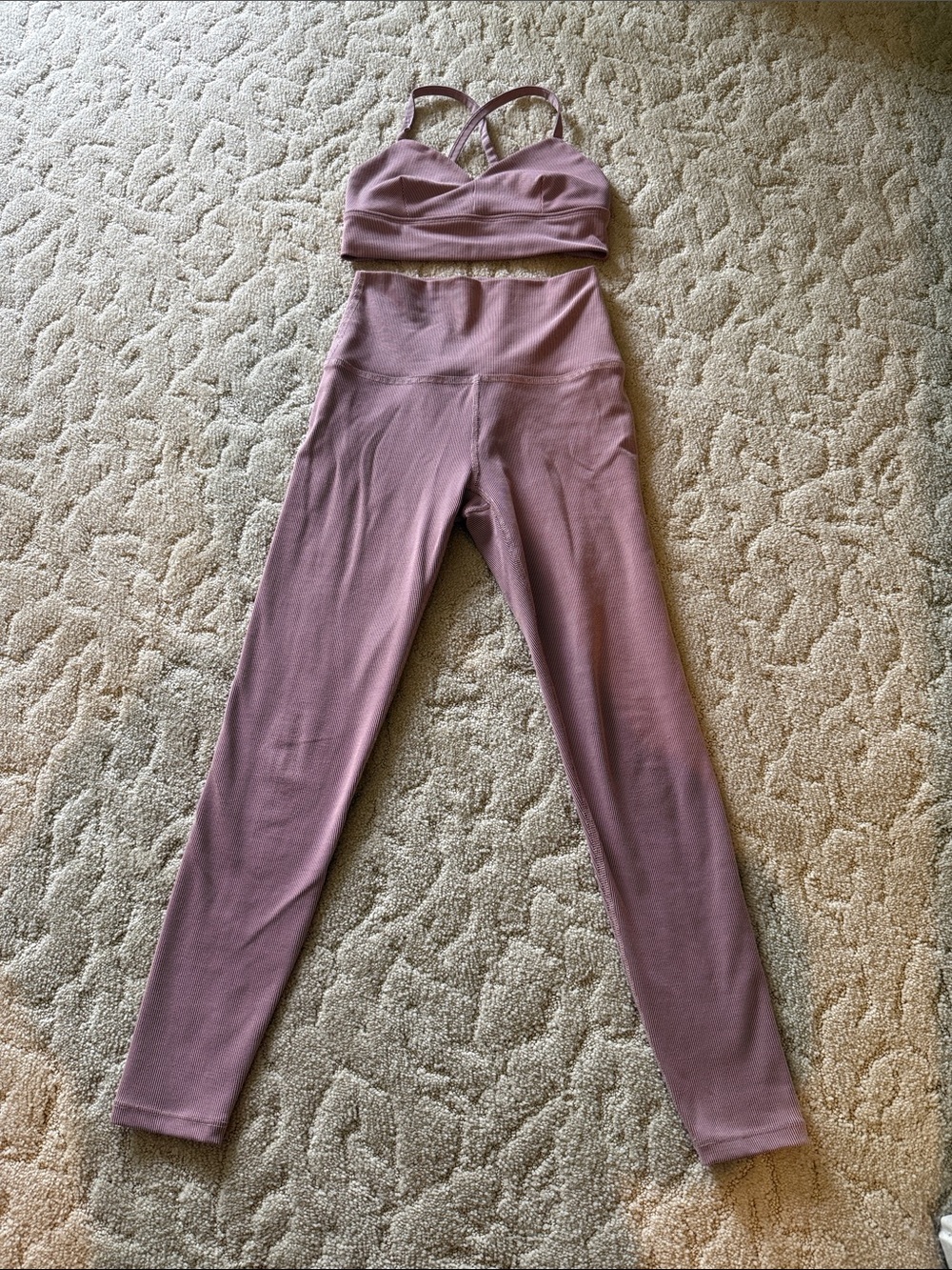 Beyond Yoga Ribbed High-Waist Leggings & Strappy Bralette in Dusty Mauve